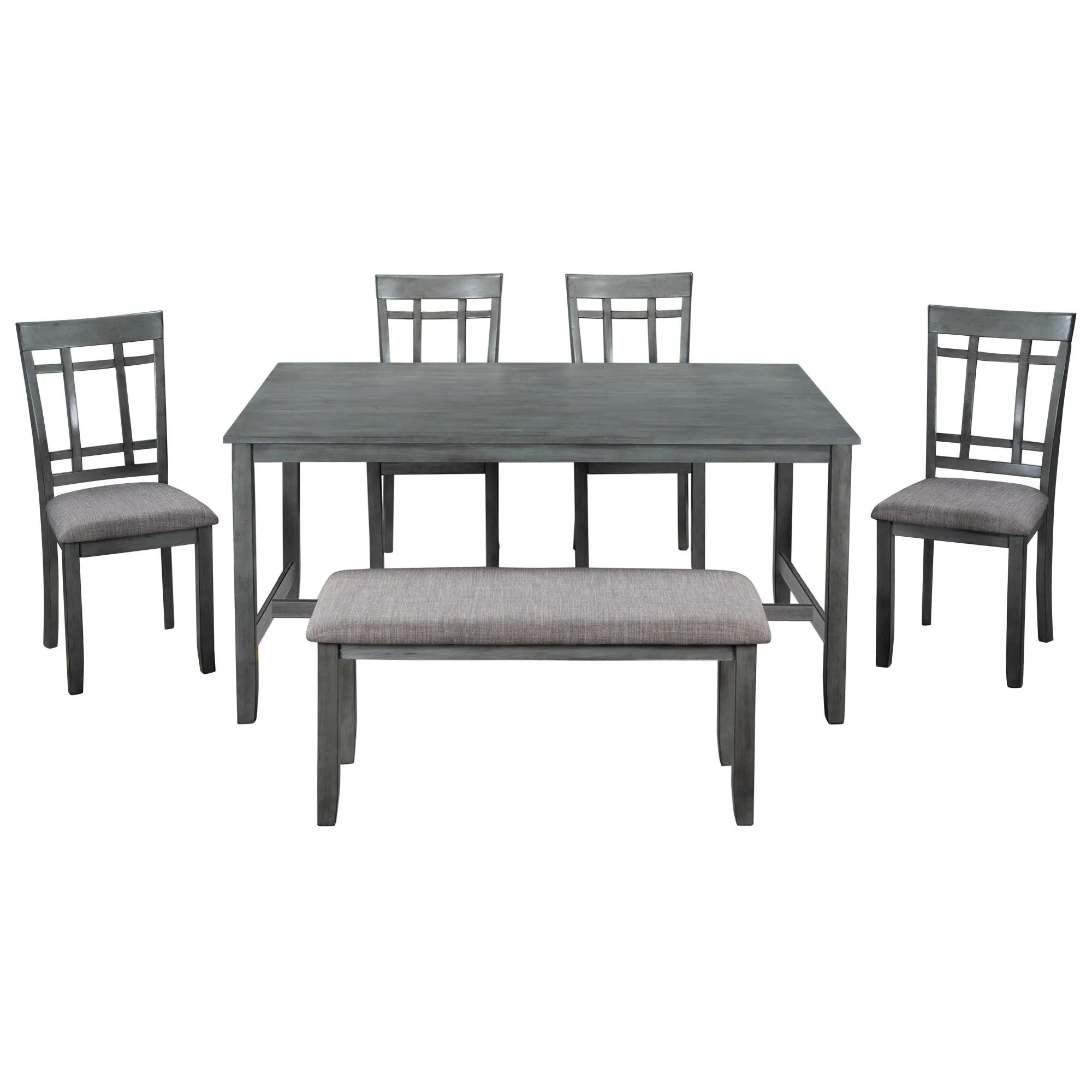 6-Piece Wooden Dining Set, Farmhouse Rustic Style, Gray, with 4 Chairs & Bench