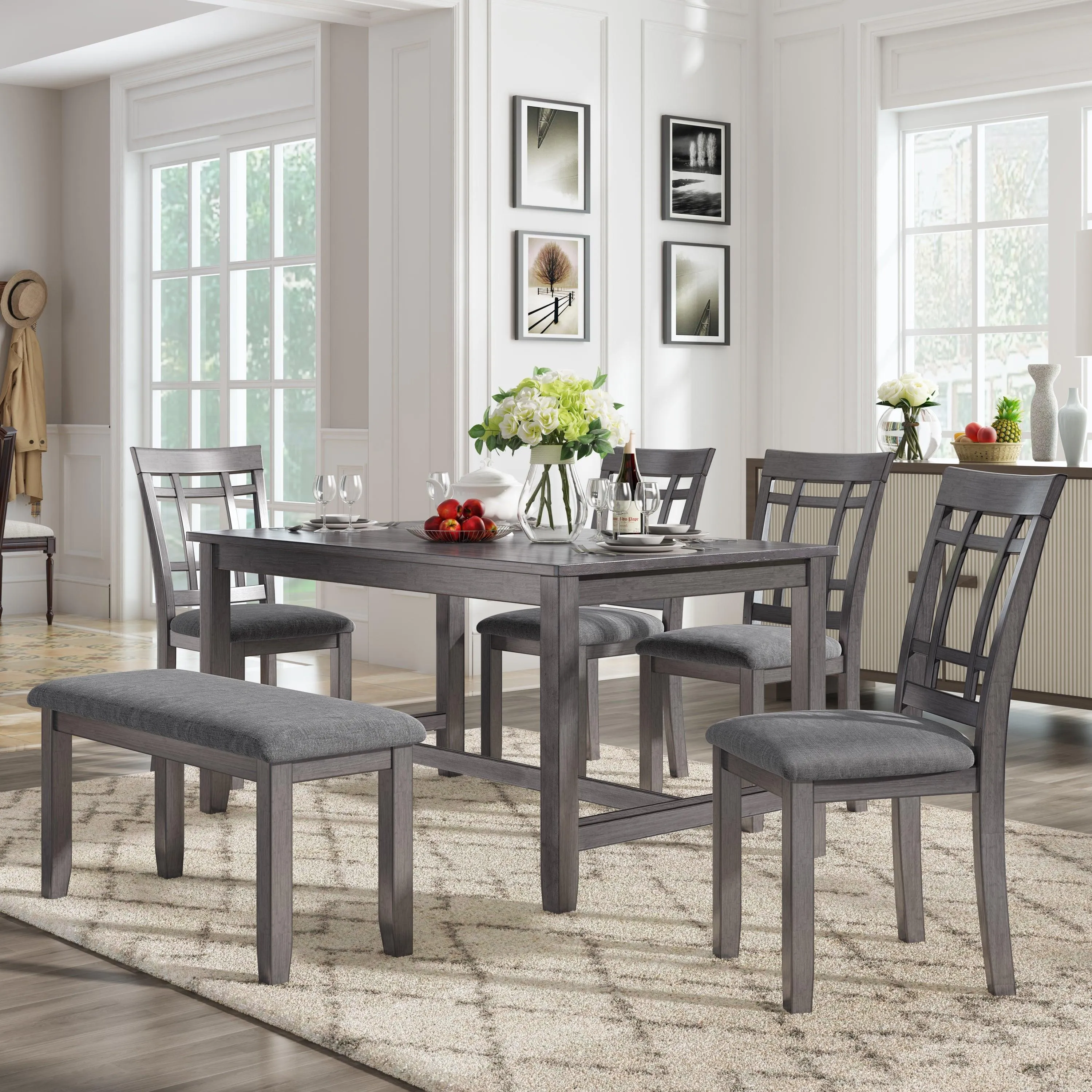6-Piece Wooden Dining Set, Farmhouse Rustic Style, Gray, with 4 Chairs & Bench
