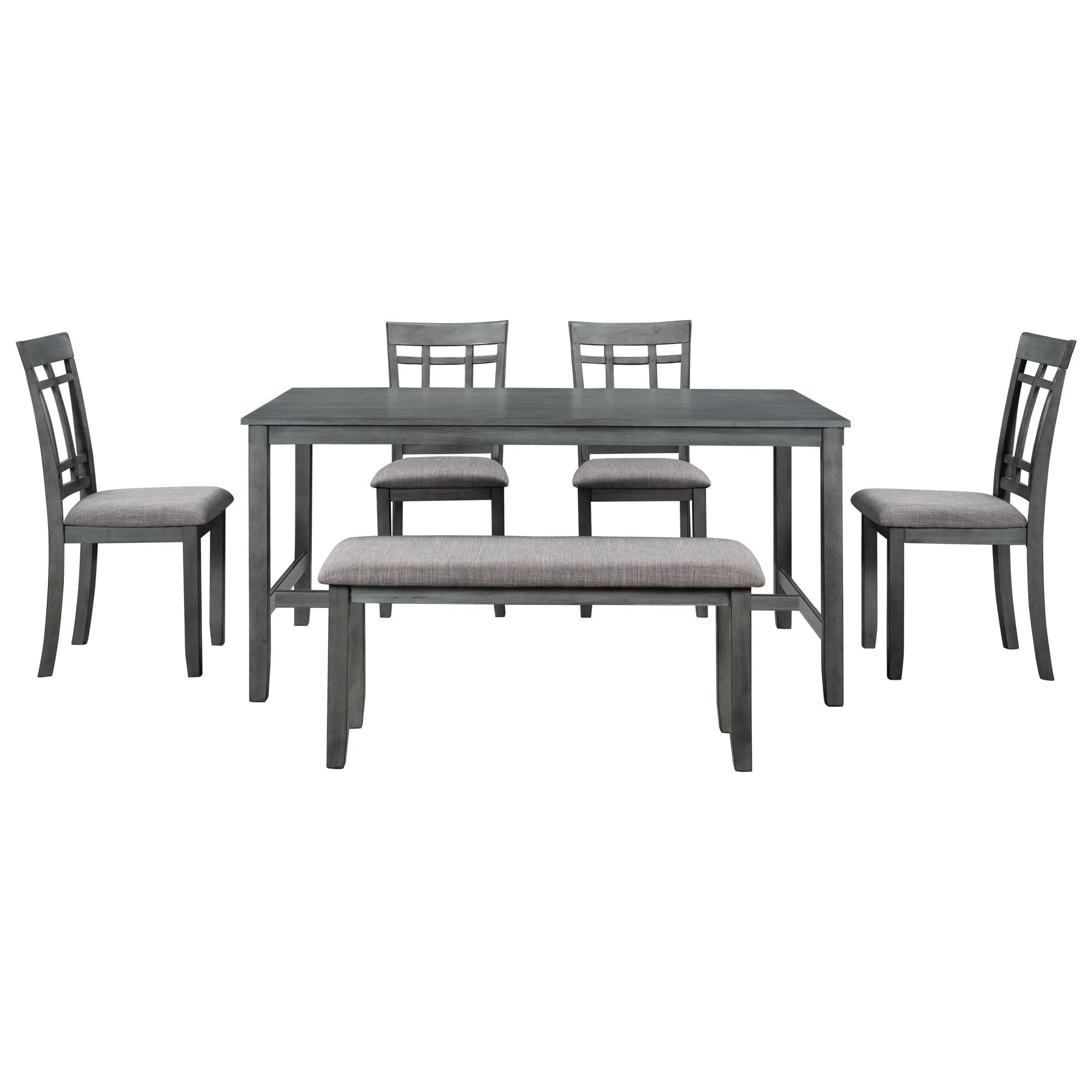 6-Piece Wooden Dining Set, Farmhouse Rustic Style, Gray, with 4 Chairs & Bench