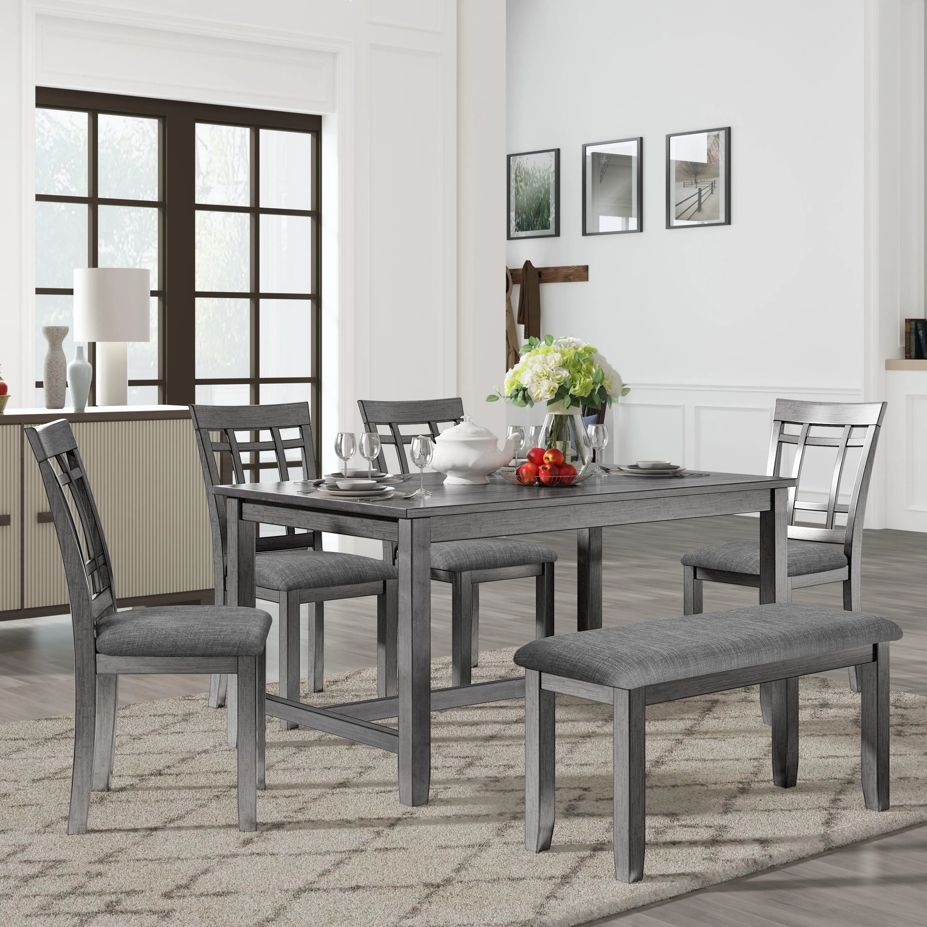 6-Piece Wooden Dining Set, Farmhouse Rustic Style, Gray, with 4 Chairs & Bench