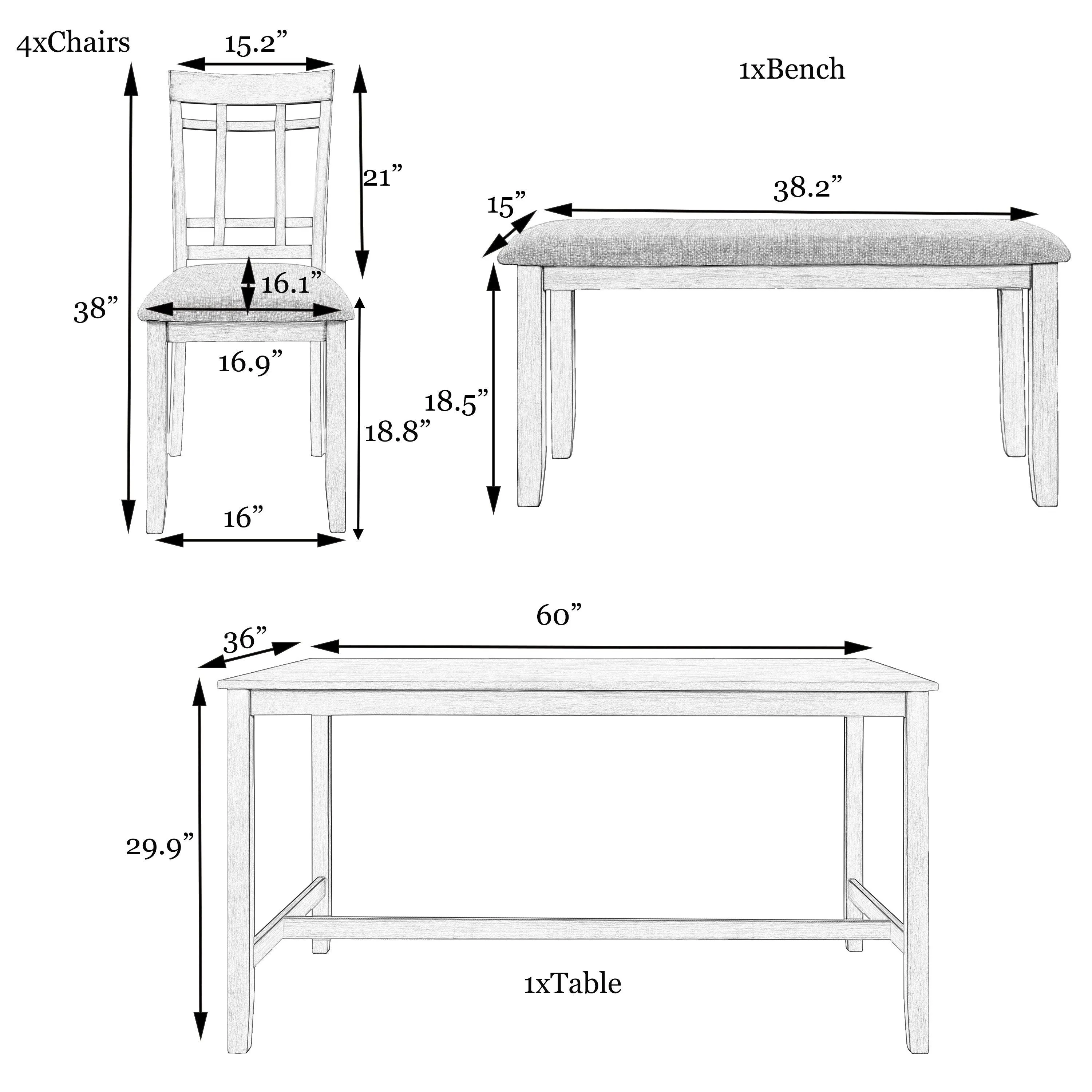 6-Piece Wooden Dining Set, Farmhouse Rustic Style, Gray, with 4 Chairs & Bench