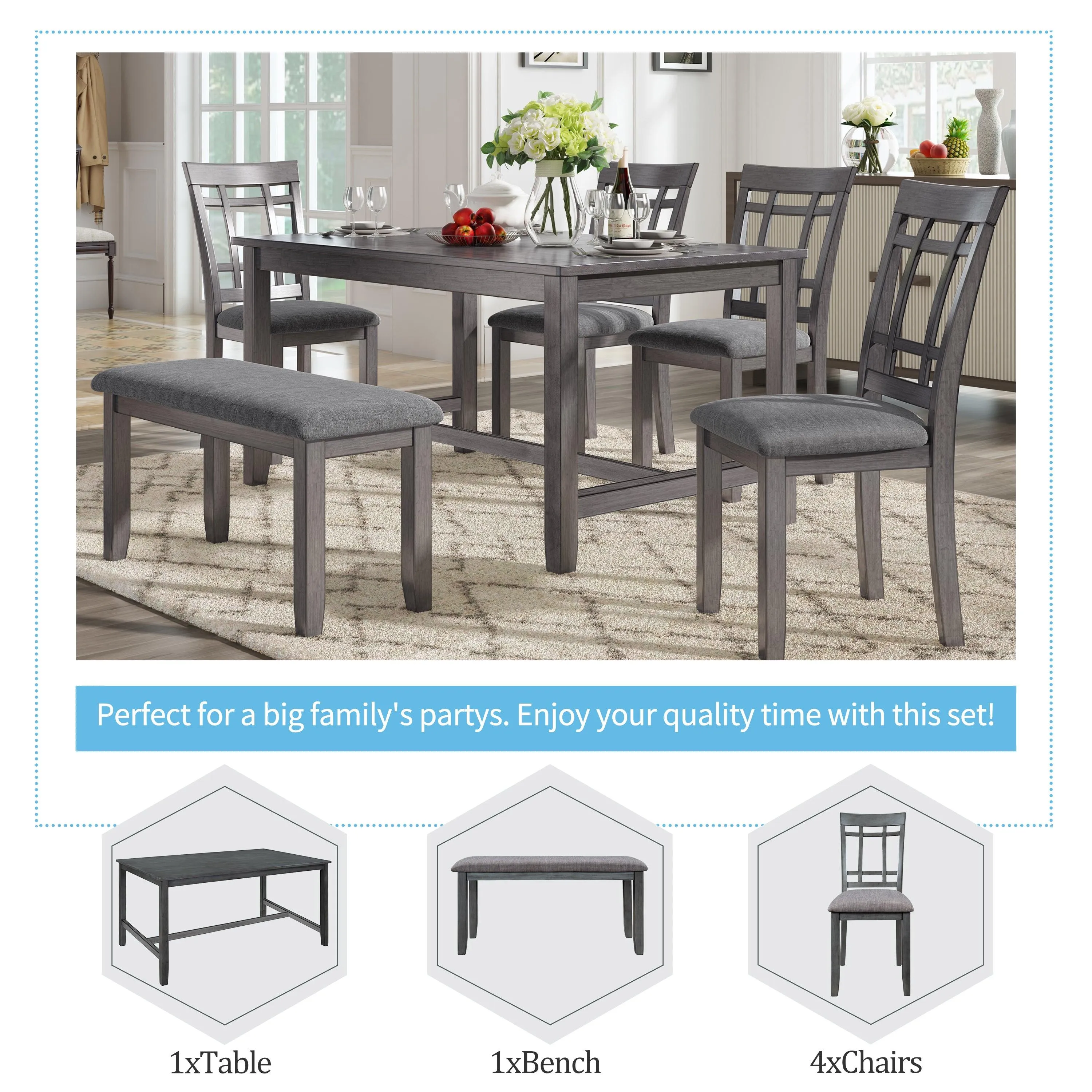 6-Piece Wooden Dining Set, Farmhouse Rustic Style, Gray, with 4 Chairs & Bench