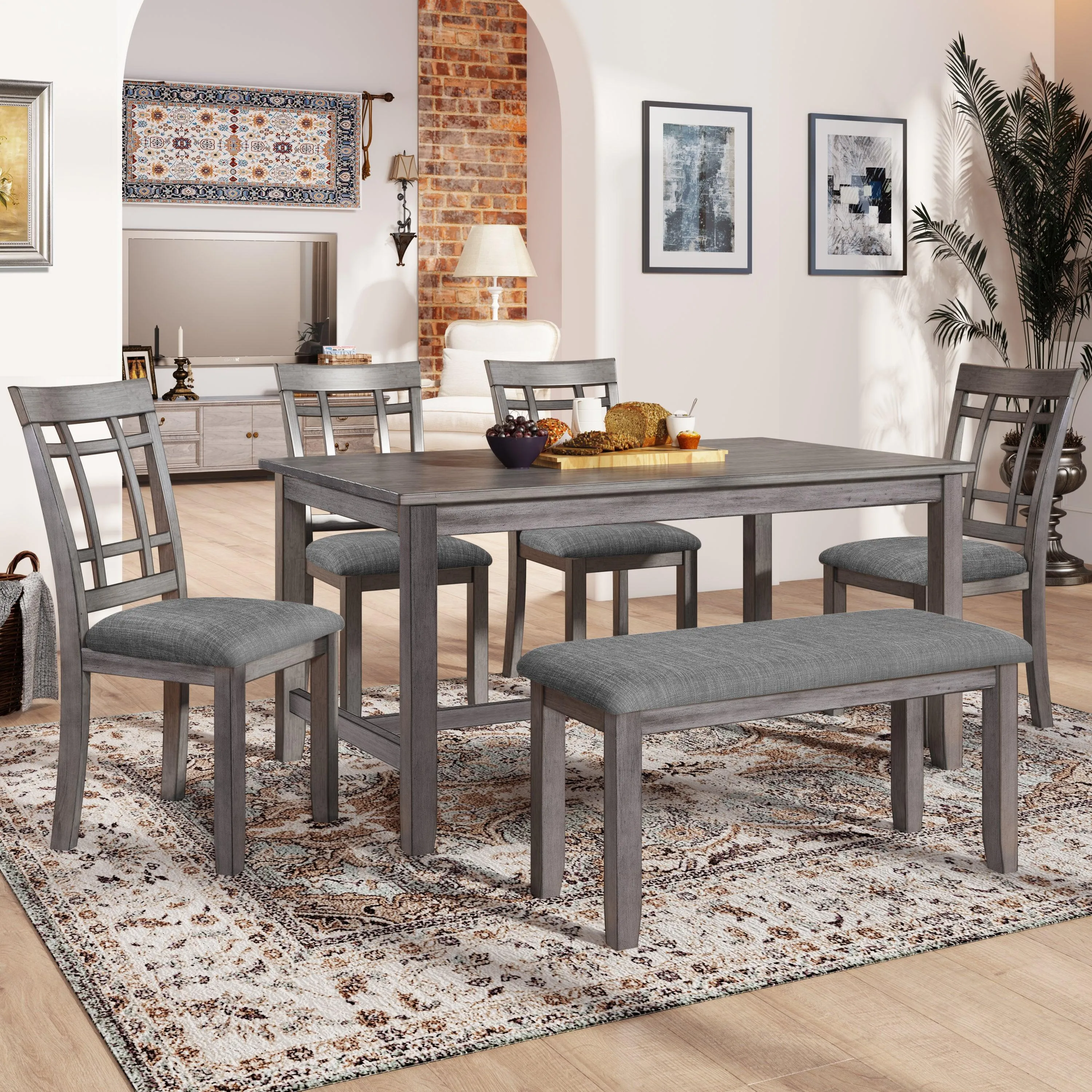 6-Piece Wooden Dining Set, Farmhouse Rustic Style, Gray, with 4 Chairs & Bench