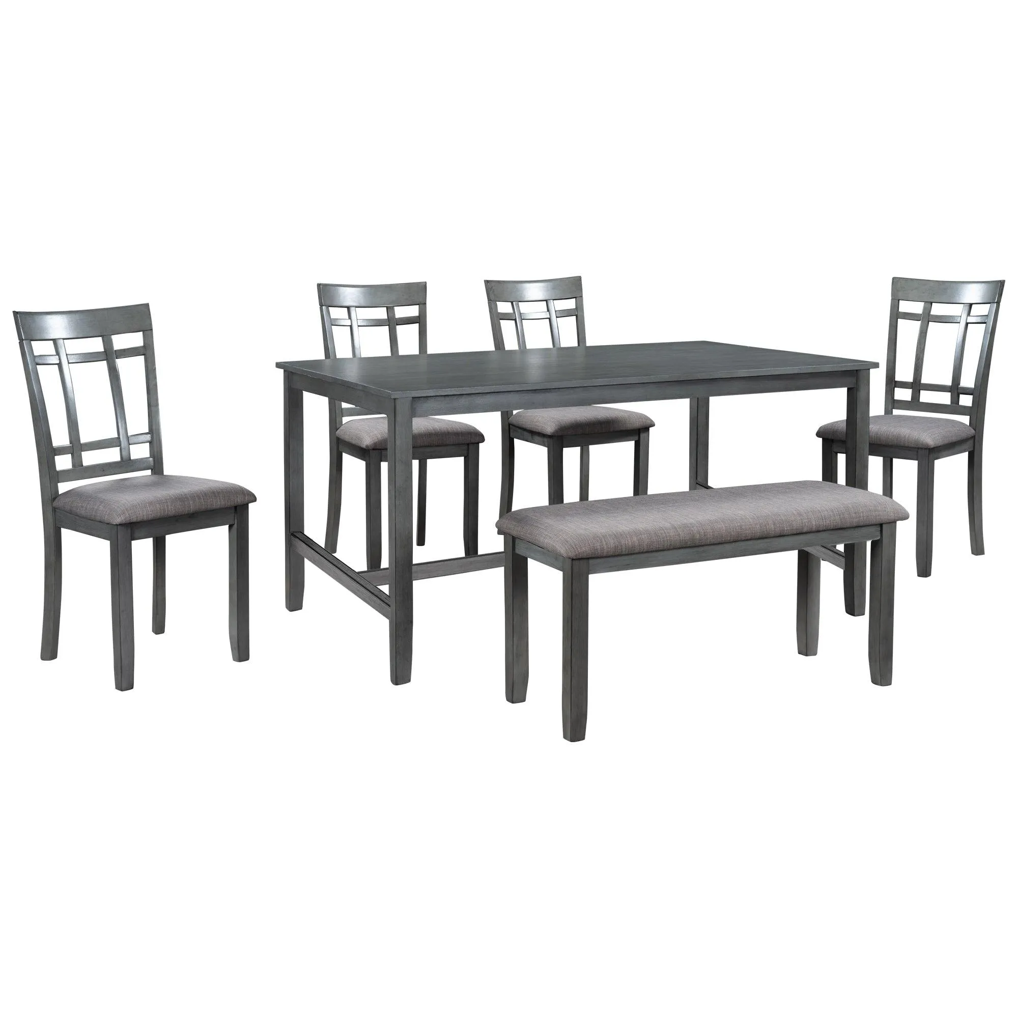 6-Piece Wooden Dining Set, Farmhouse Rustic Style, Gray, with 4 Chairs & Bench