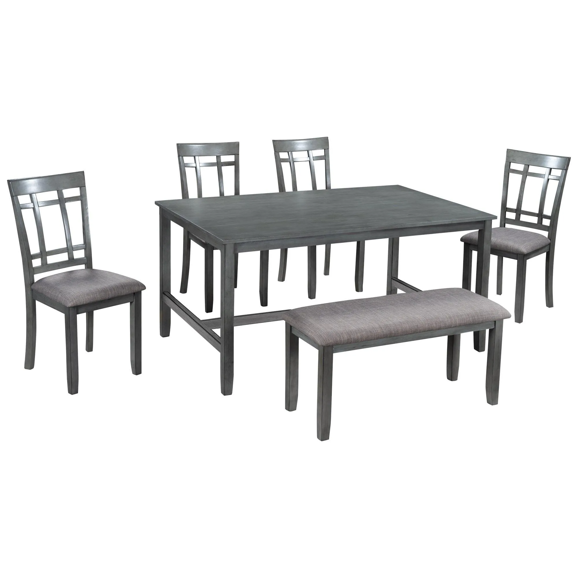6-Piece Wooden Dining Set, Farmhouse Rustic Style, Gray, with 4 Chairs & Bench