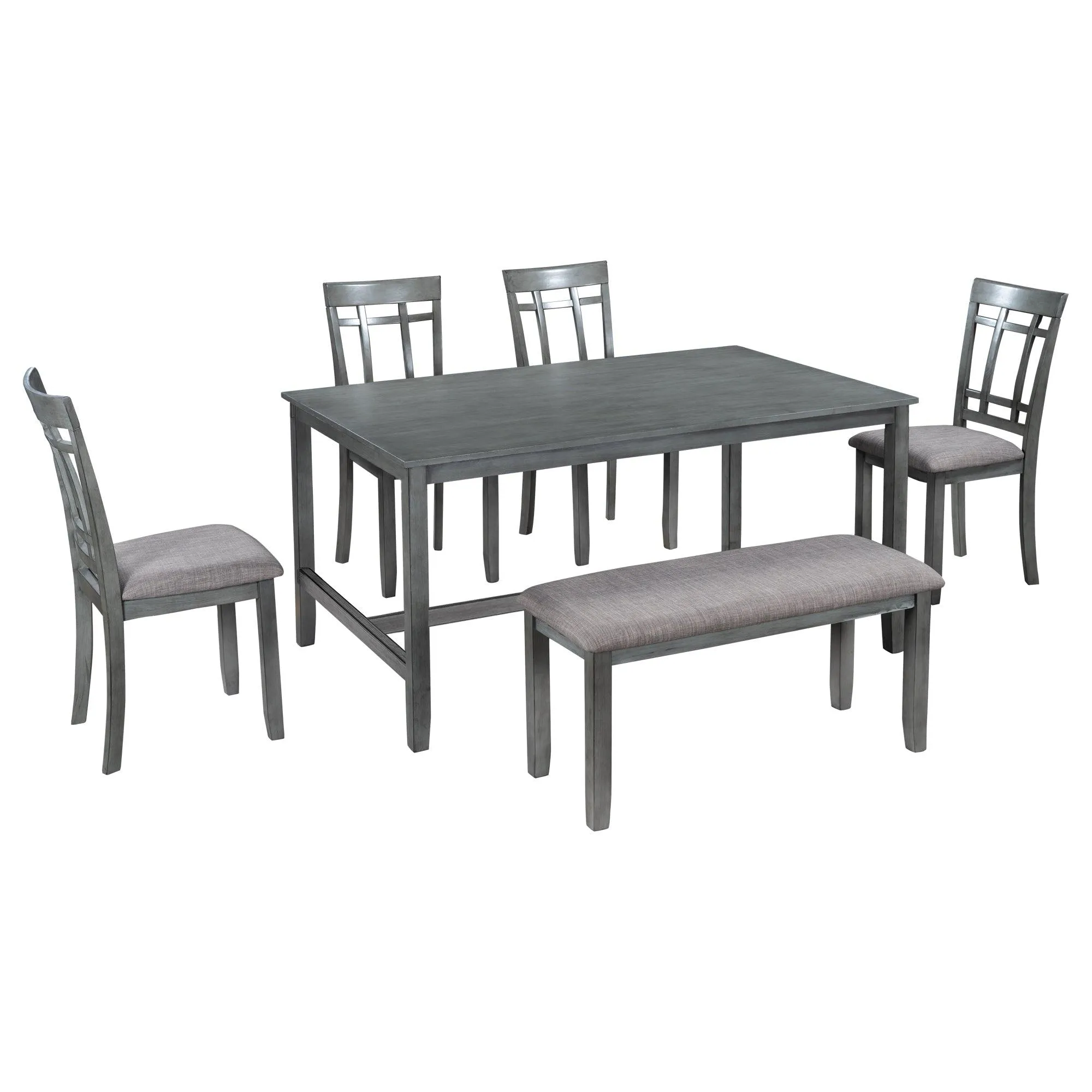 6-Piece Wooden Dining Set, Farmhouse Rustic Style, Gray, with 4 Chairs & Bench