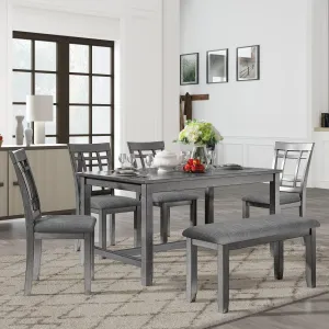 6-Piece Wooden Dining Set, Farmhouse Rustic Style, Gray, with 4 Chairs & Bench