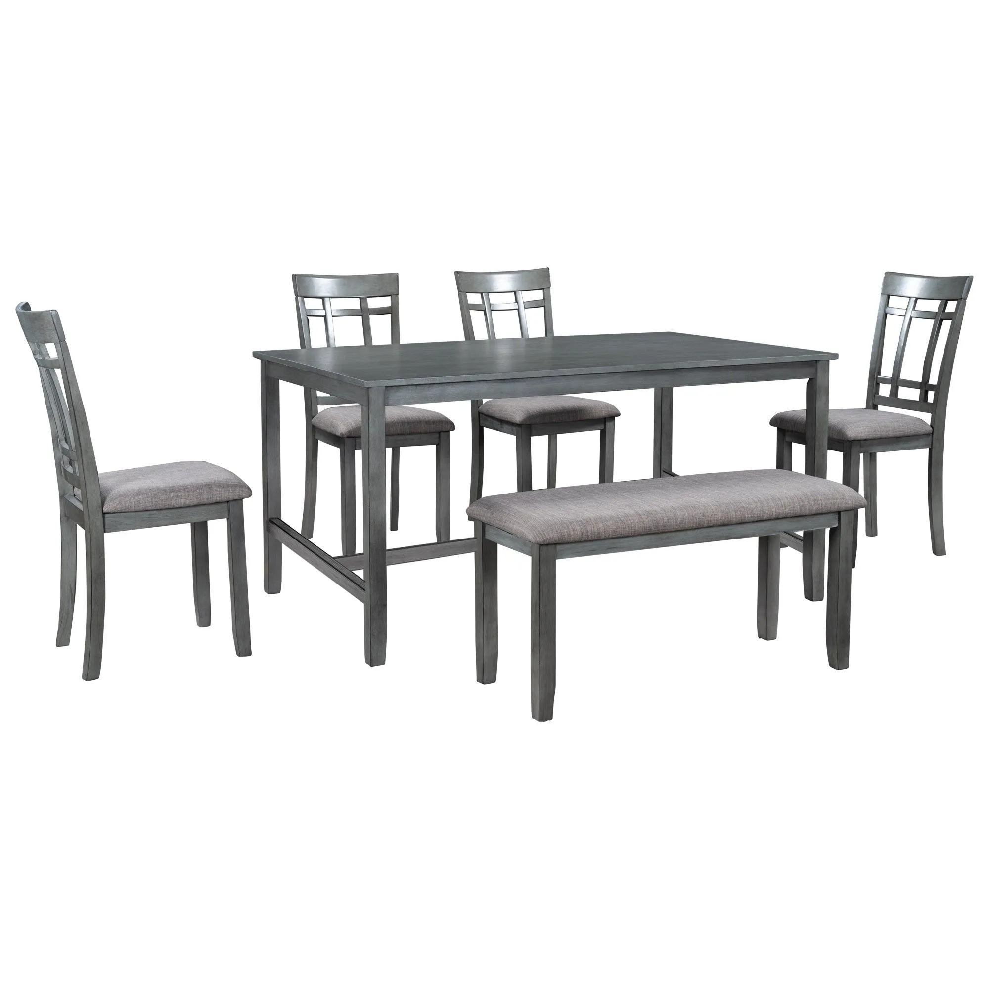 6-Piece Wooden Dining Set, Farmhouse Rustic Style, Gray, with 4 Chairs & Bench