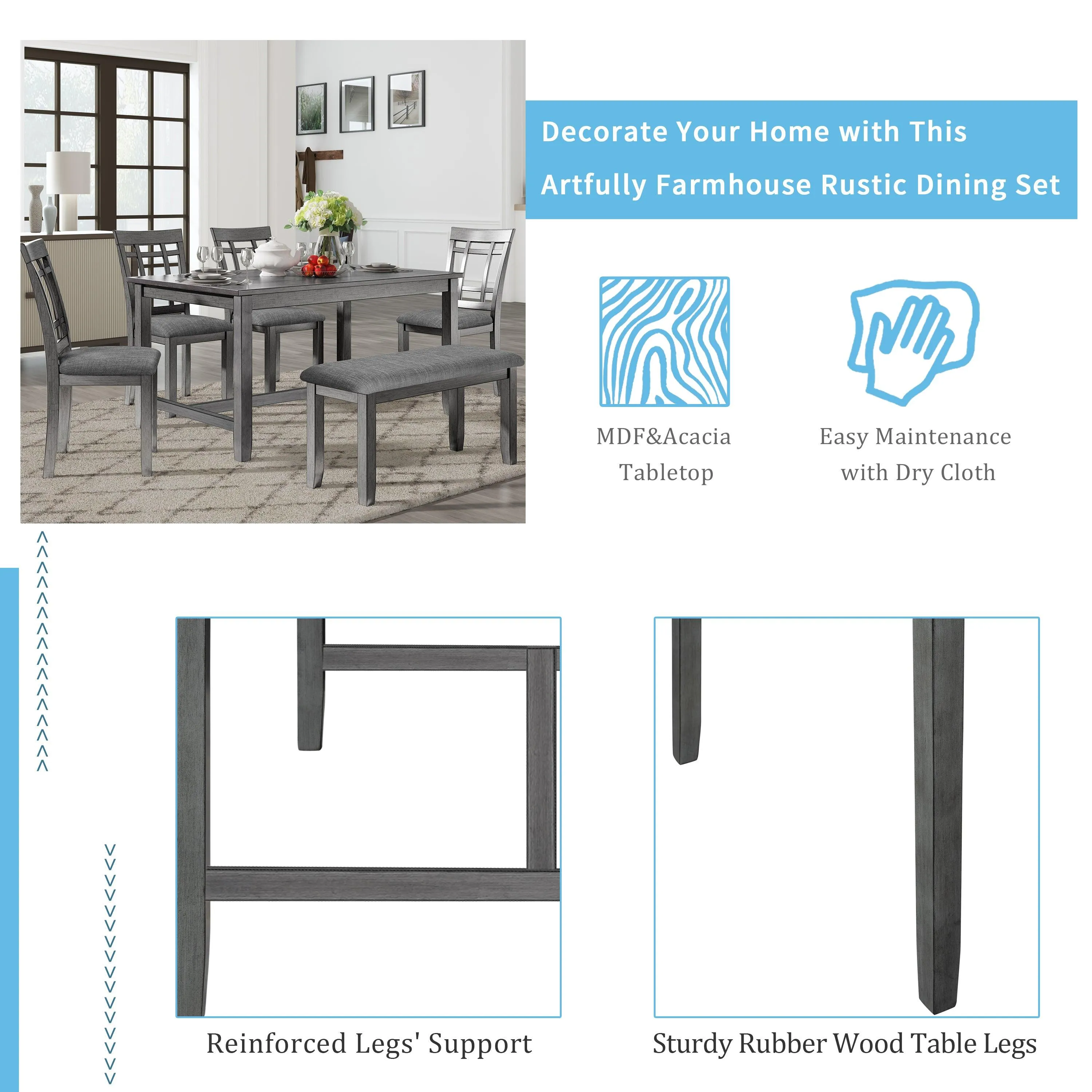 6-Piece Wooden Dining Set, Farmhouse Rustic Style, Gray, with 4 Chairs & Bench