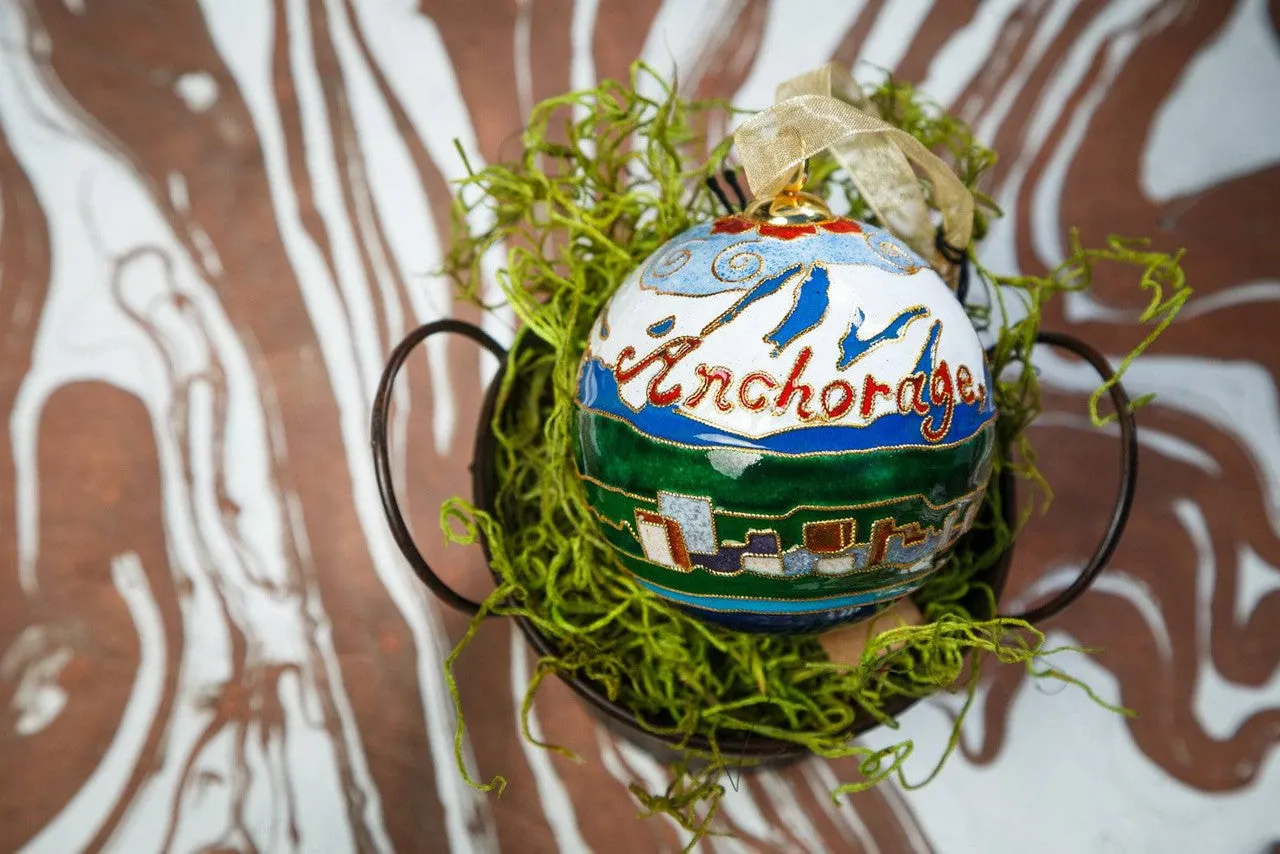 Anchorage, Alaska Cityscape, Mountain Round Cloisonné Christmas Ornament