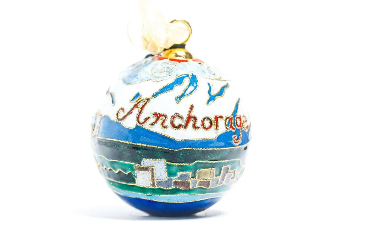 Anchorage, Alaska Cityscape, Mountain Round Cloisonné Christmas Ornament