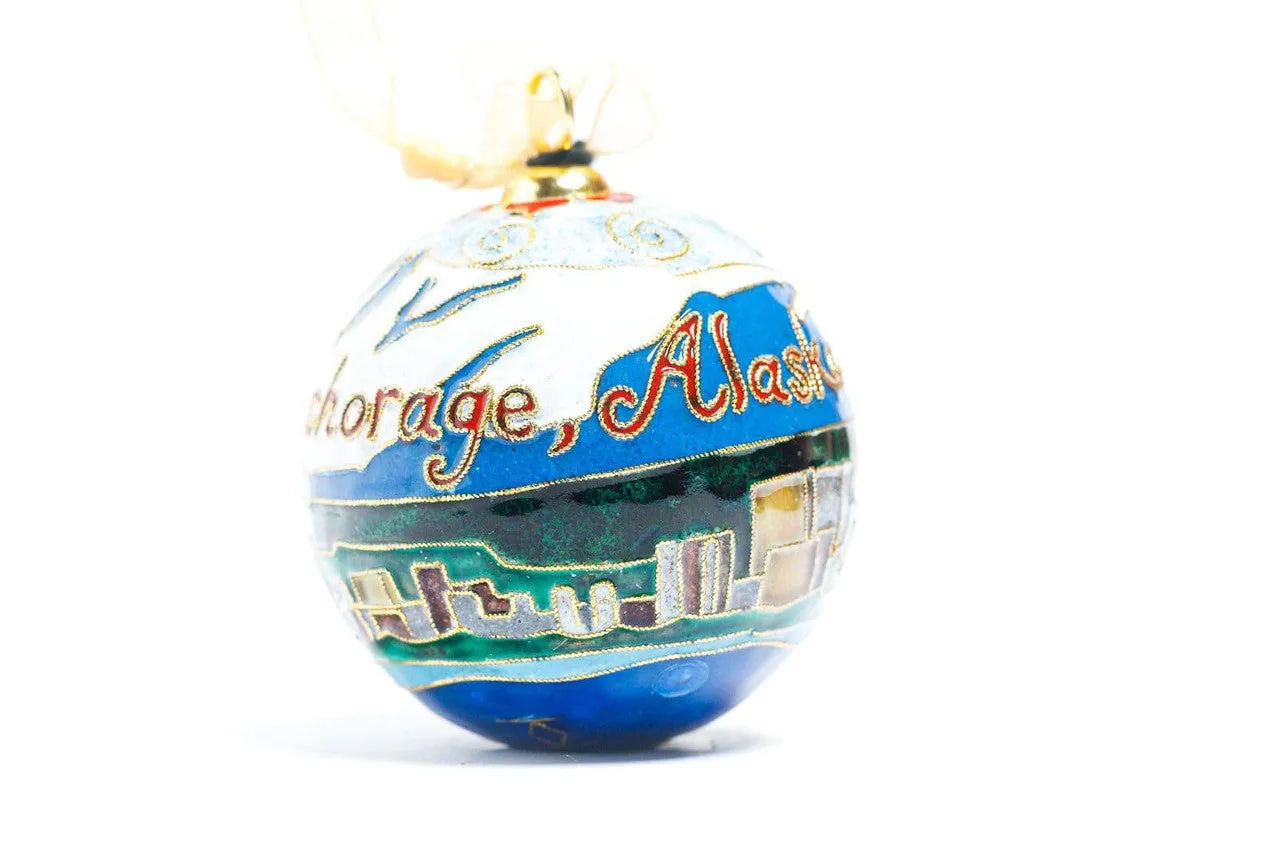 Anchorage, Alaska Cityscape, Mountain Round Cloisonné Christmas Ornament