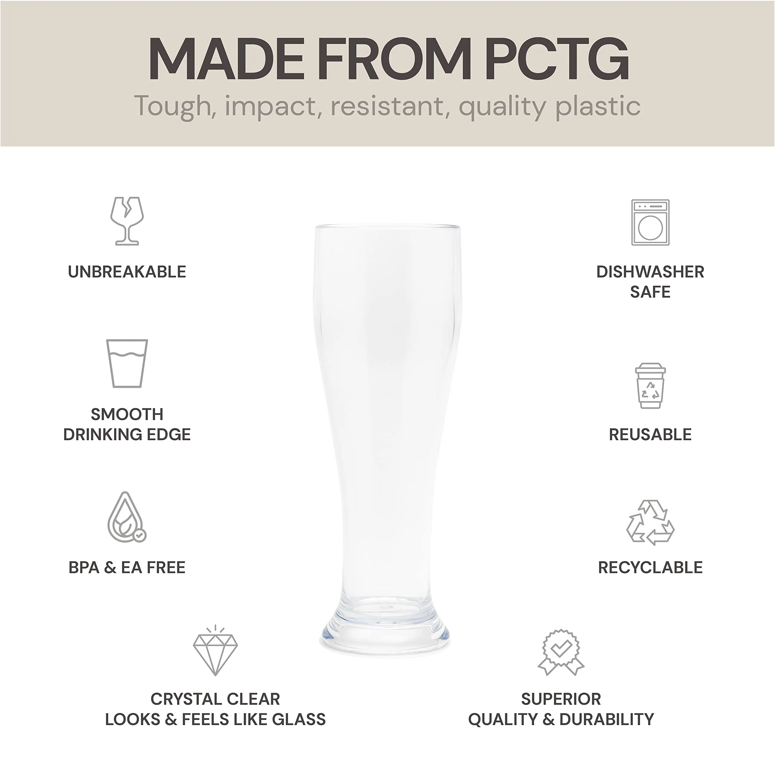 Bellaforte 16oz Shatterproof Plastic Beer Glasses 4 Set Clear Dishwasher Safe