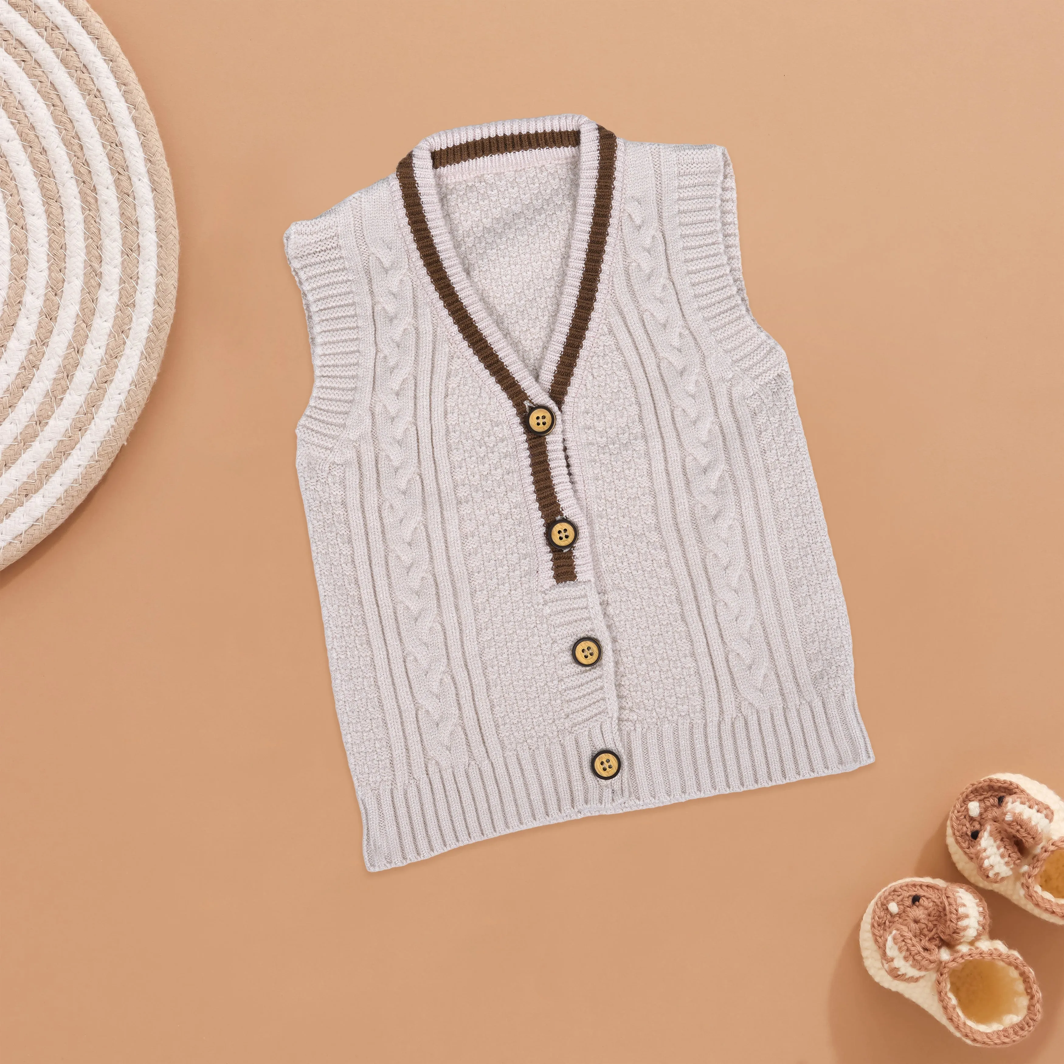 Cool & Cozy: White Knit Vest with Striped Trim for Kids