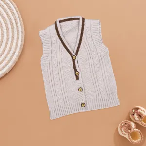 Cool & Cozy: White Knit Vest with Striped Trim for Kids
