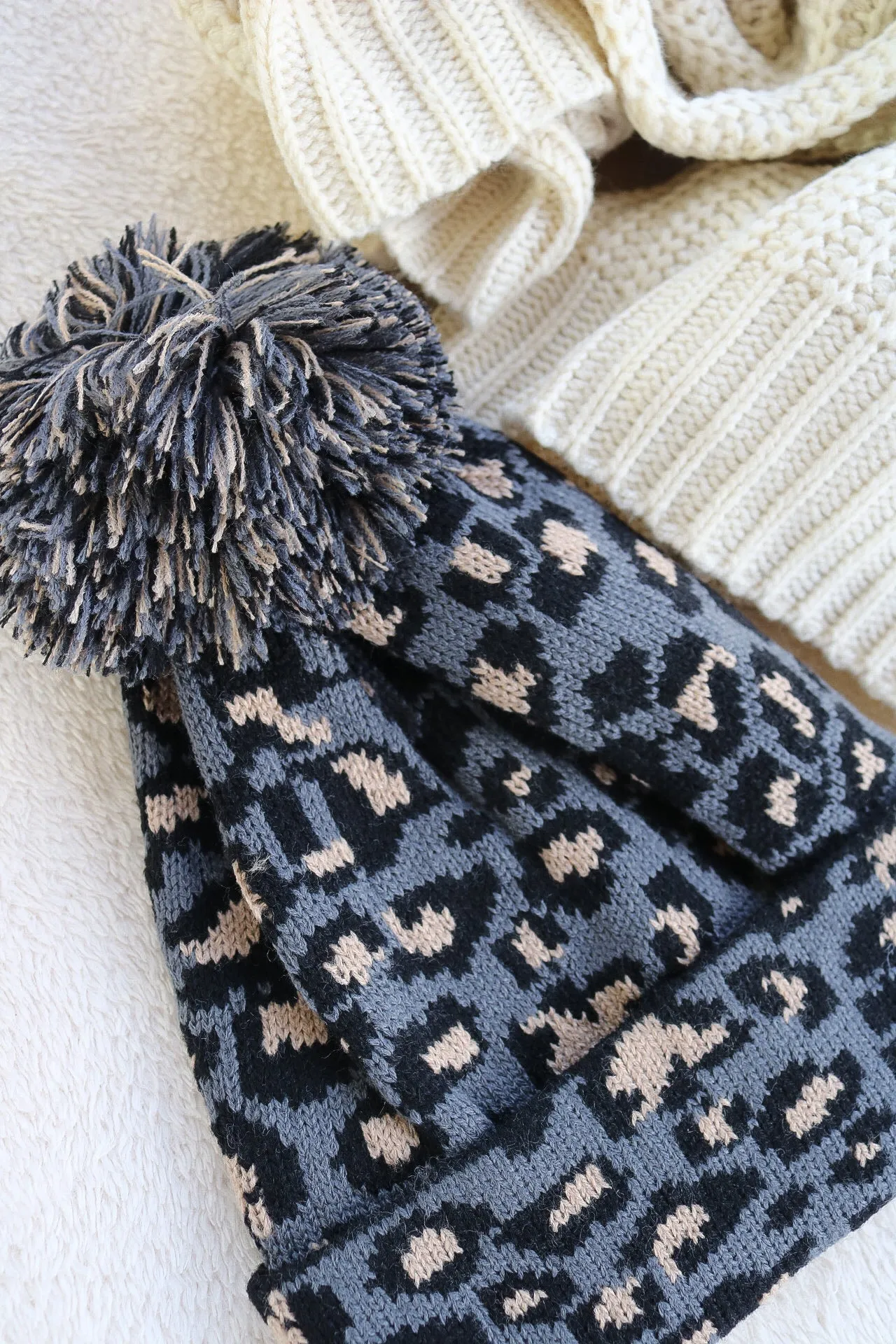 Leopard Pom Pom Beanie (charcoal)