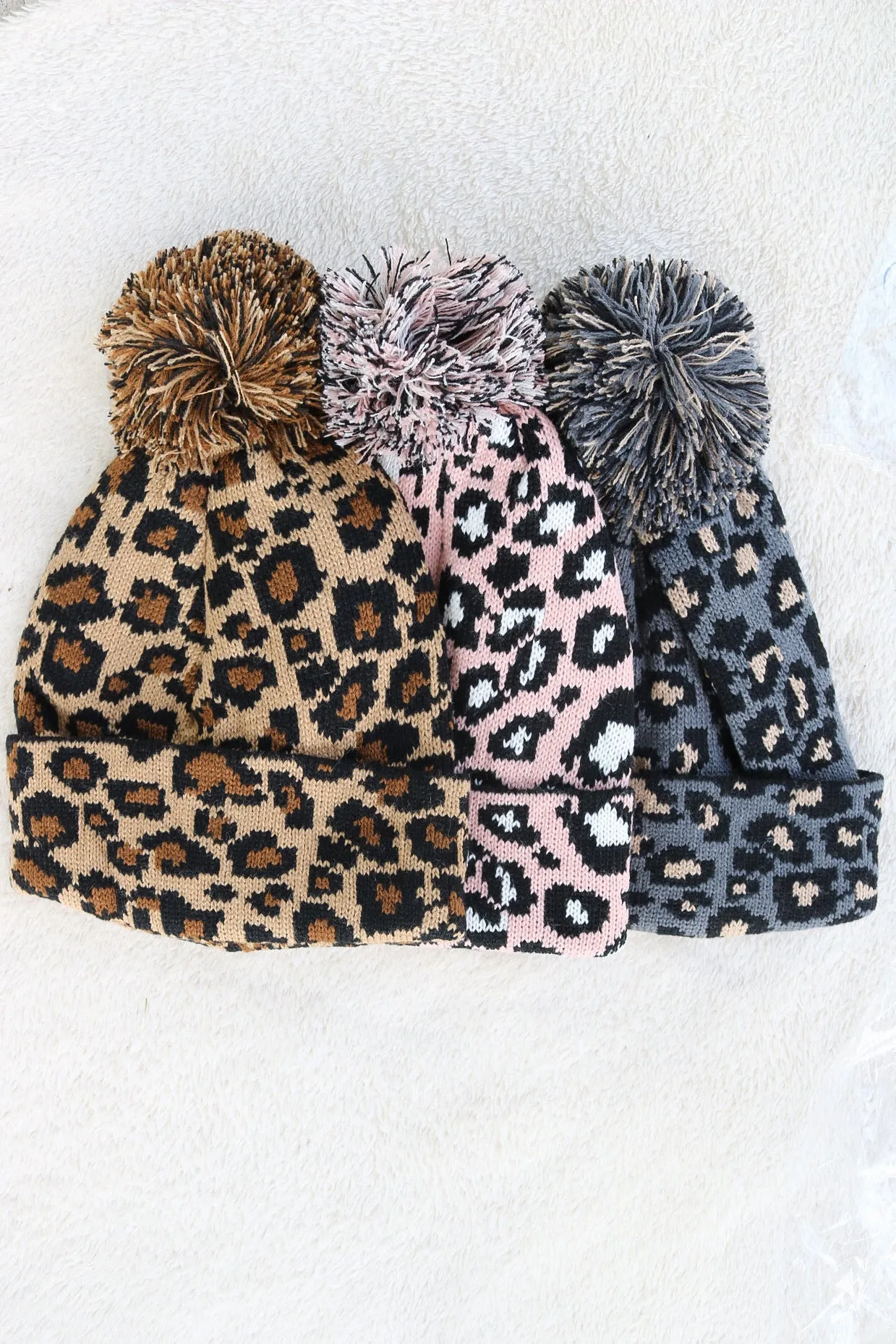 Leopard Pom Pom Beanie (charcoal)