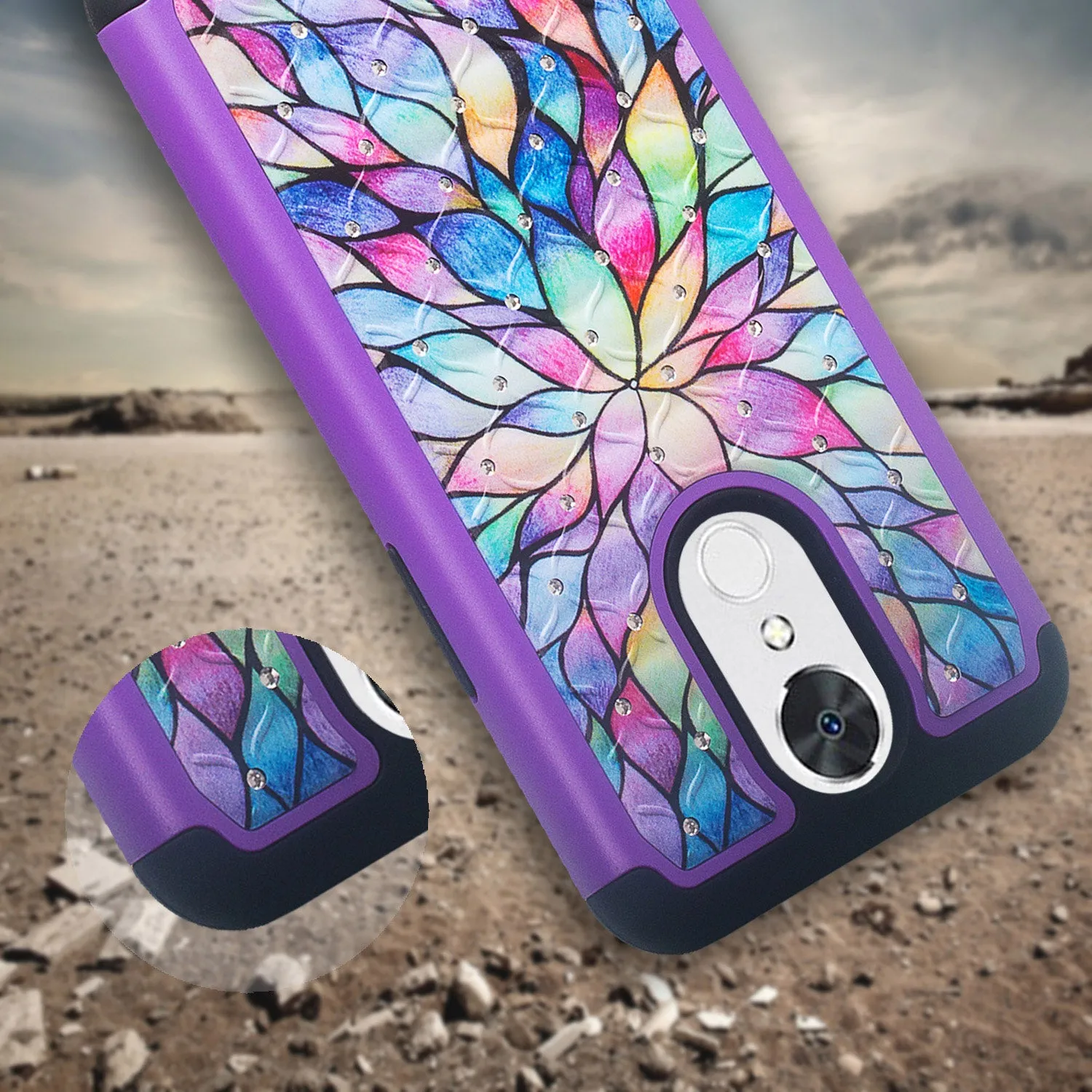 LG K20 Plus Case, LG K20 V, K10 2017, LG Harmony Slim Hybrid Crystal Rhinestone Studded Dual Layer[Shock Resistant] Case - Rainbow Flower