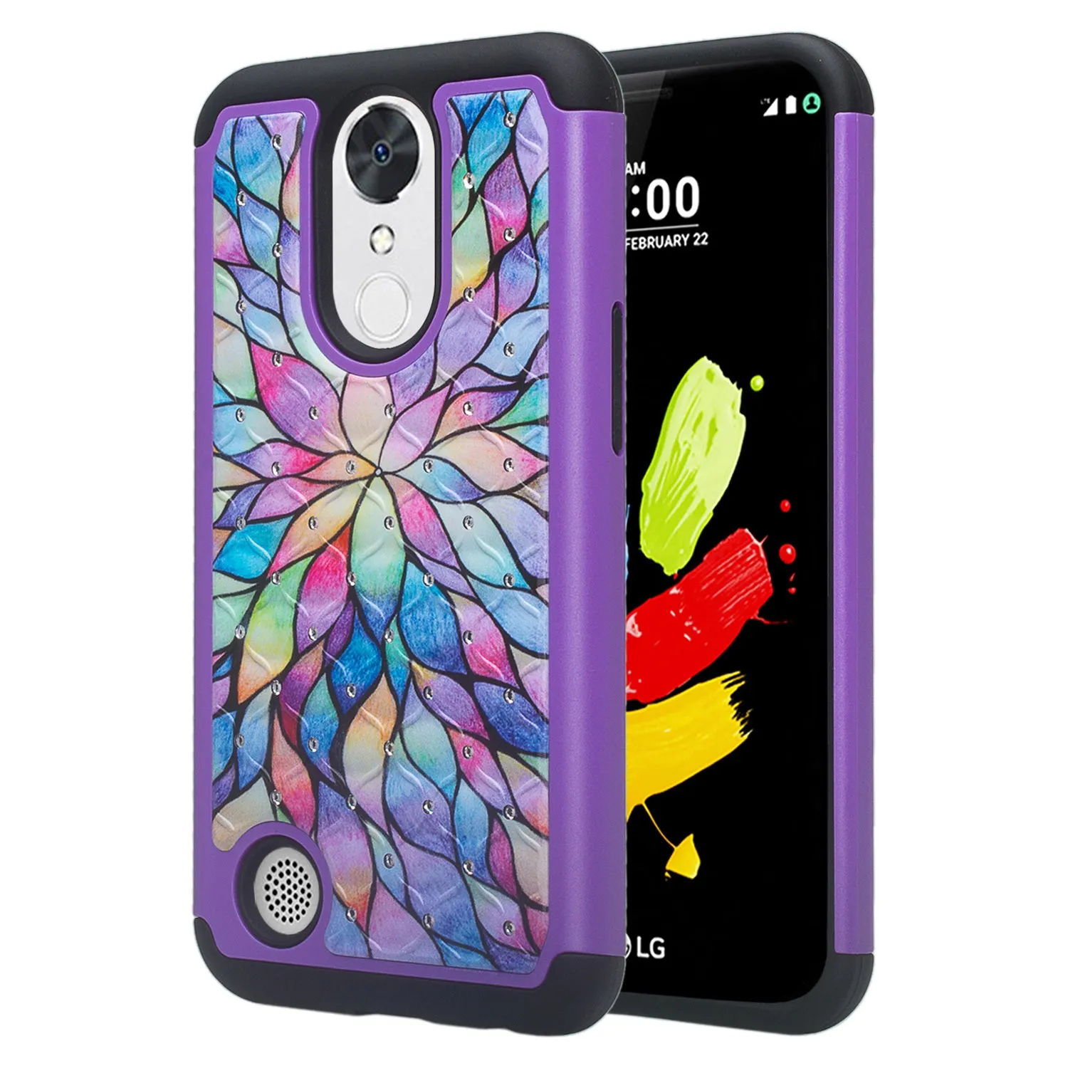 LG K20 Plus Case, LG K20 V, K10 2017, LG Harmony Slim Hybrid Crystal Rhinestone Studded Dual Layer[Shock Resistant] Case - Rainbow Flower
