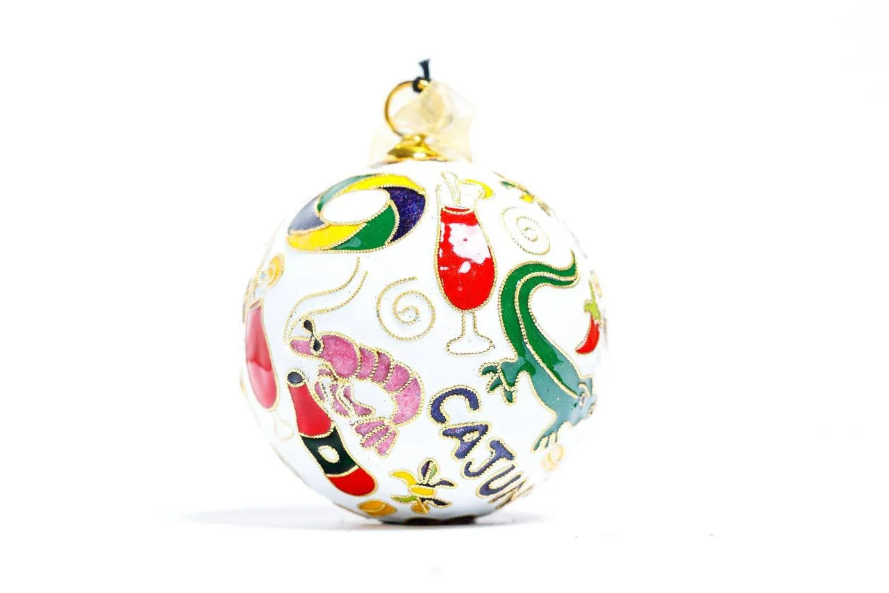 New Orleans, Louisiana 'NOLA Foods' Round Cloisonné Christmas Ornament - White