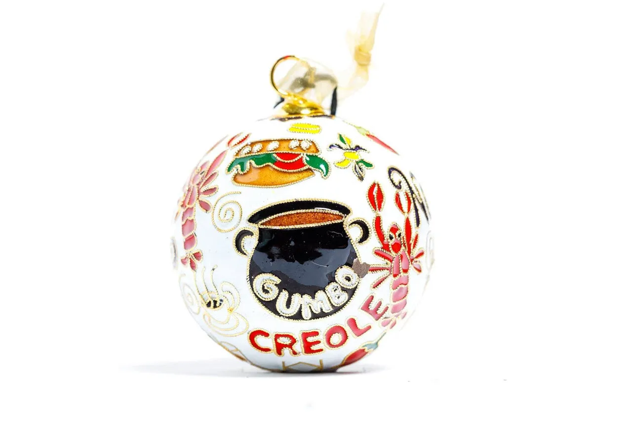 New Orleans, Louisiana 'NOLA Foods' Round Cloisonné Christmas Ornament - White