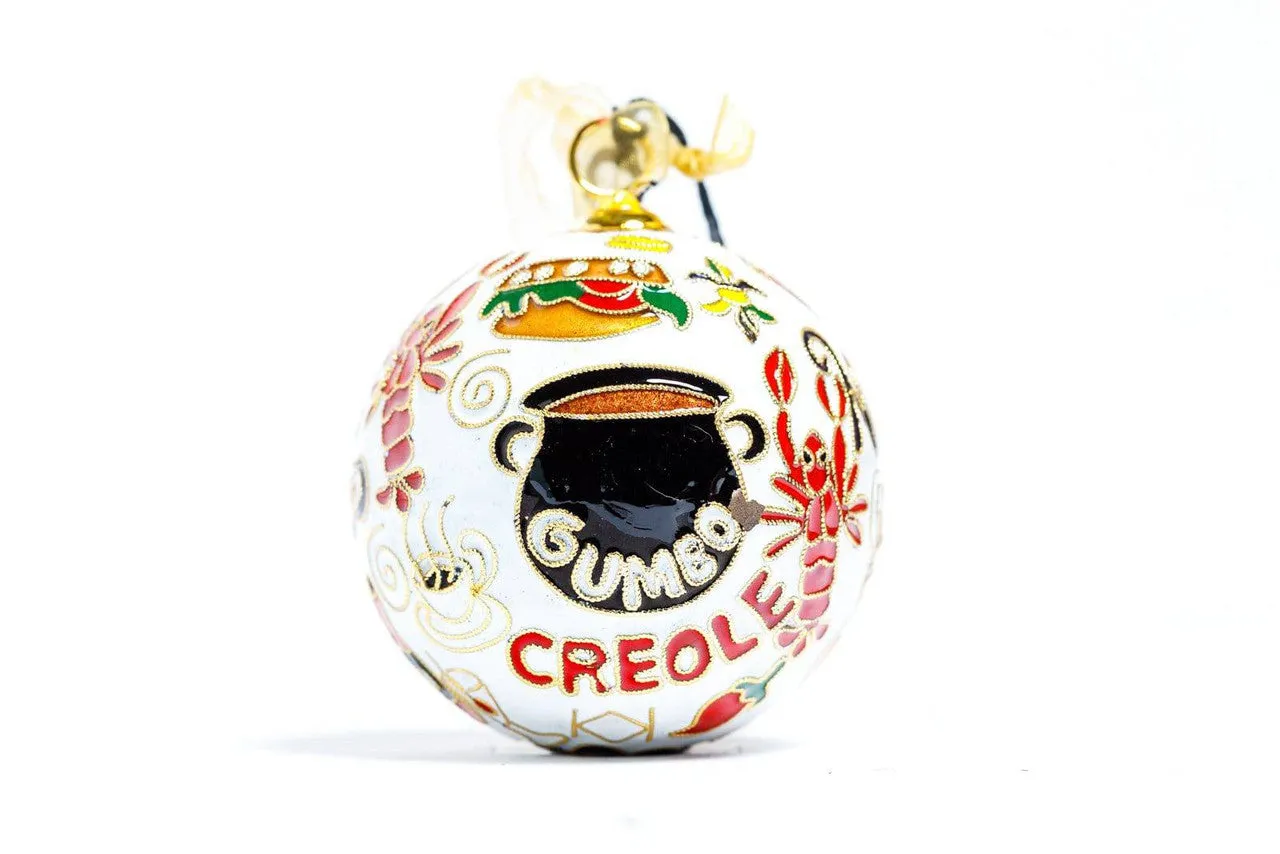 New Orleans, Louisiana 'NOLA Foods' Round Cloisonné Christmas Ornament - White