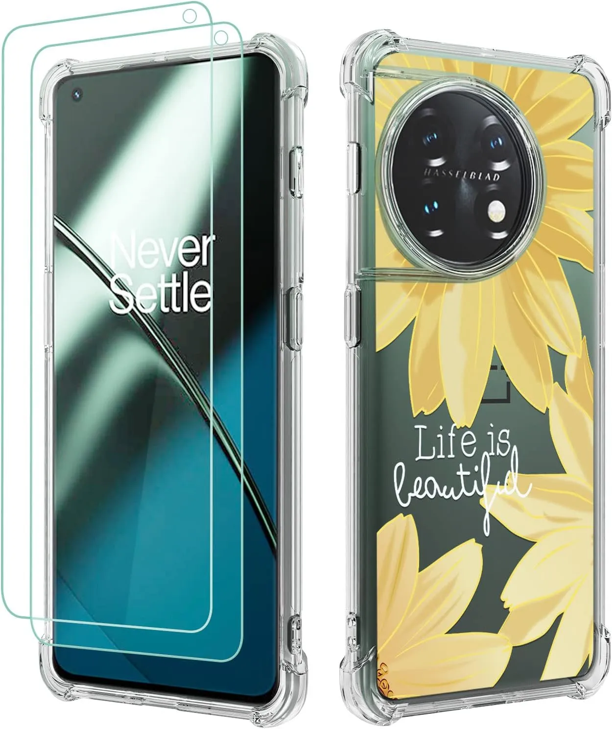 Oneplus 11 5G Case Women Girls Flower Floral 2pcs Screen Protector Phone Cover