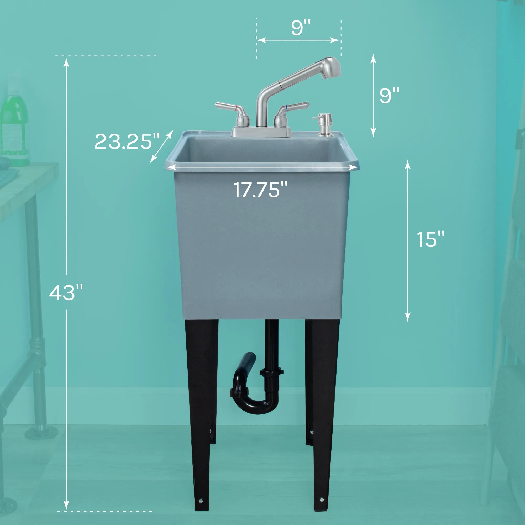 Tehila Space Saver Freestanding Grey Utility Sink with Stainless Steel Finish Pull-Out Faucet