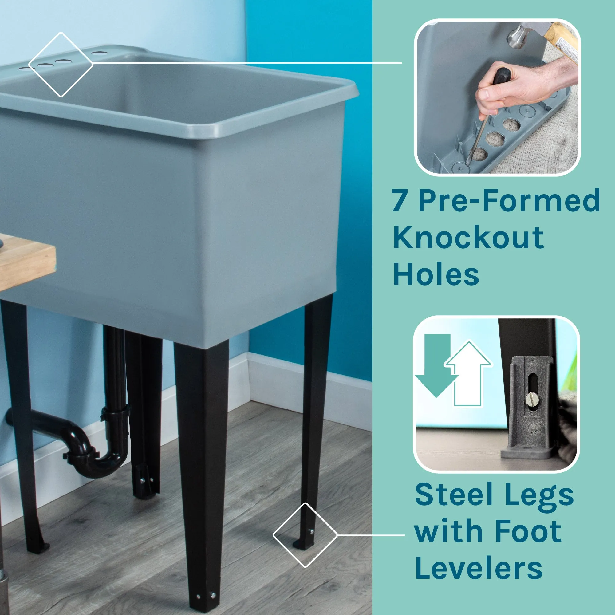 Tehila Space Saver Freestanding Grey Utility Sink with Stainless Steel Finish Pull-Out Faucet
