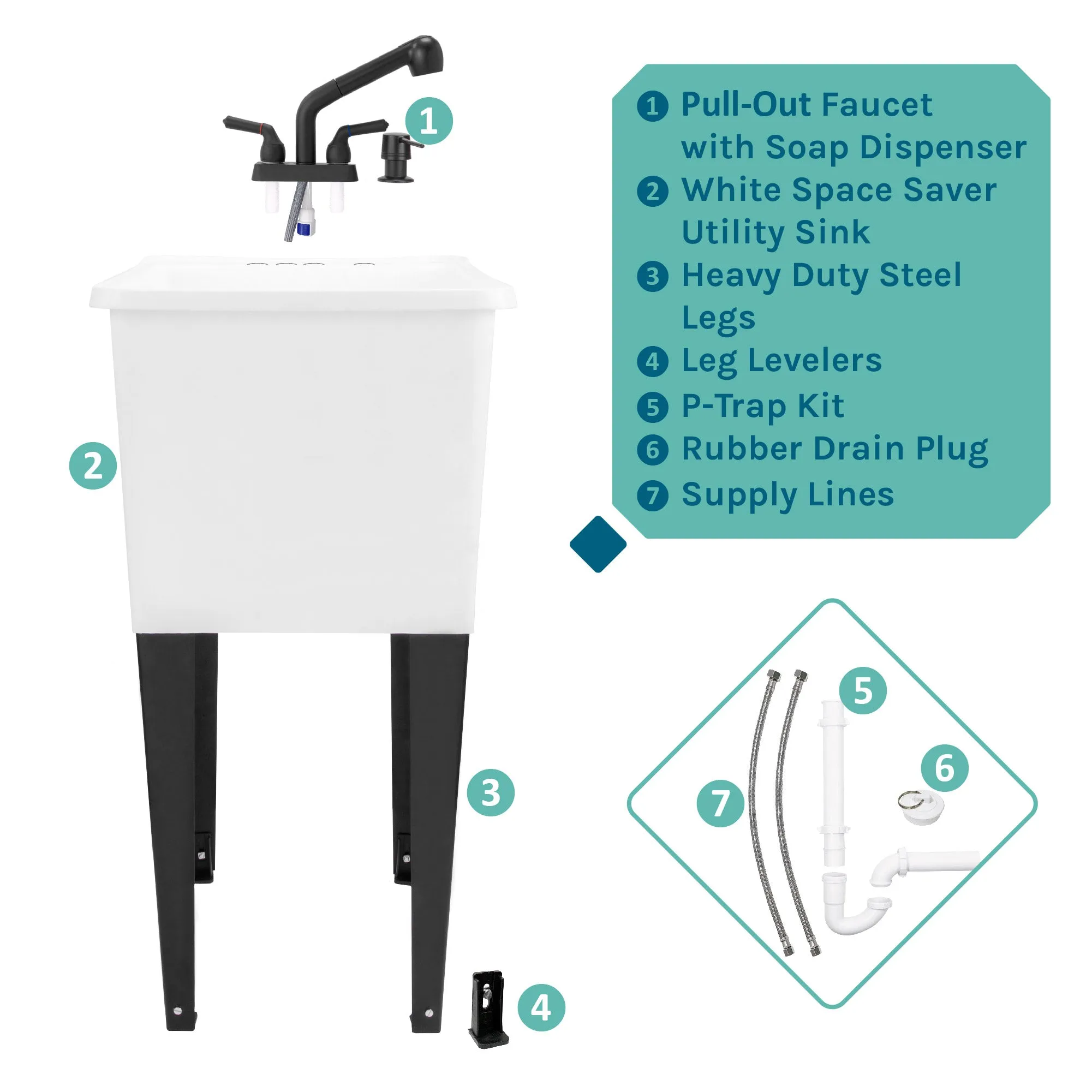 Tehila Space Saver Freestanding White Utility Sink with Black Finish Pull-Out Faucet