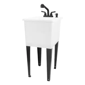 Tehila Space Saver Freestanding White Utility Sink with Black Finish Pull-Out Faucet