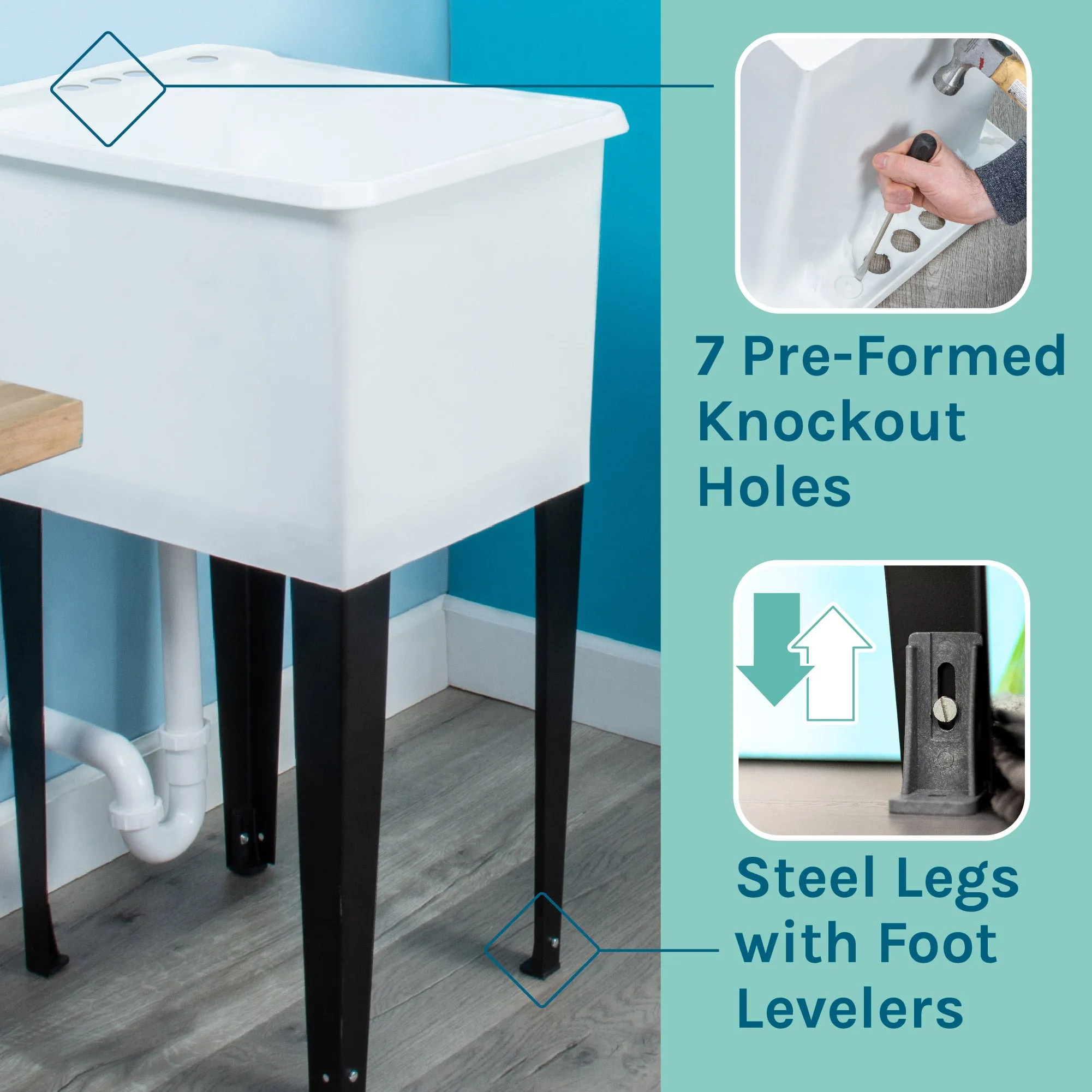 Tehila Space Saver Freestanding White Utility Sink with Black Finish Pull-Out Faucet