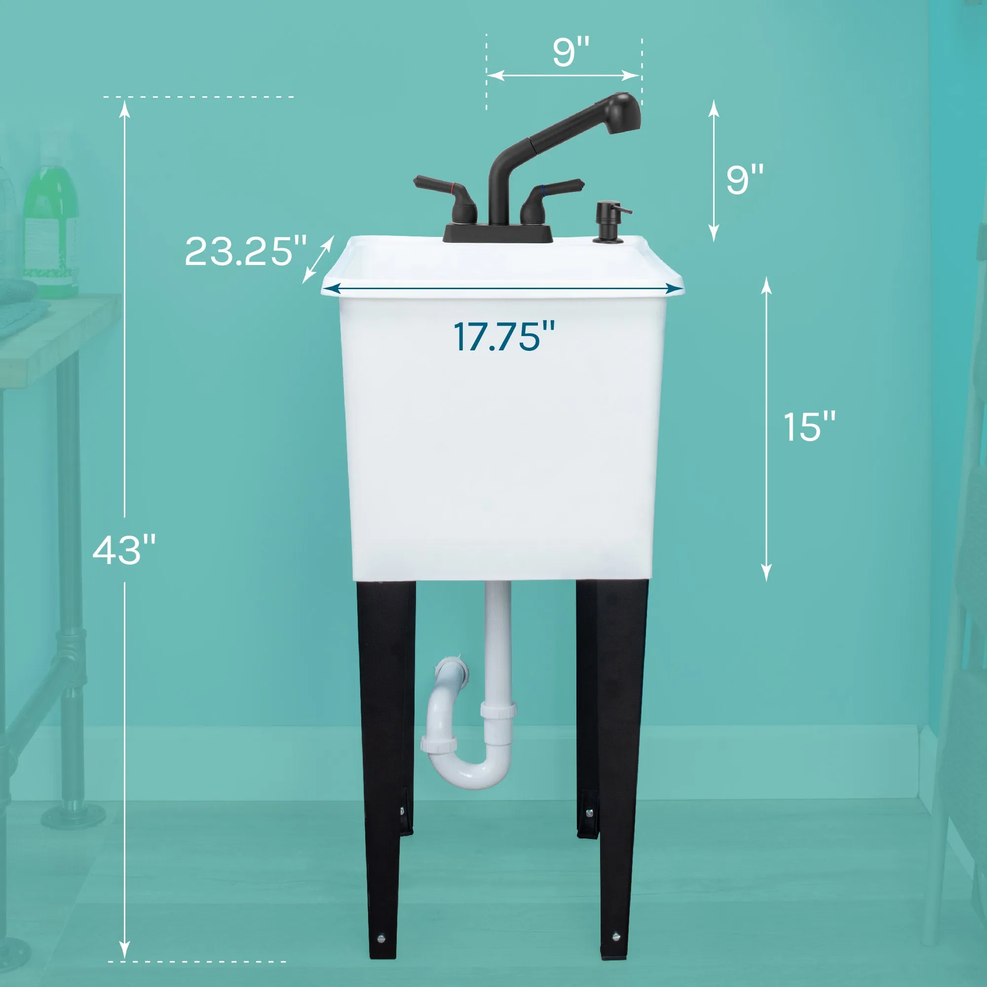 Tehila Space Saver Freestanding White Utility Sink with Black Finish Pull-Out Faucet
