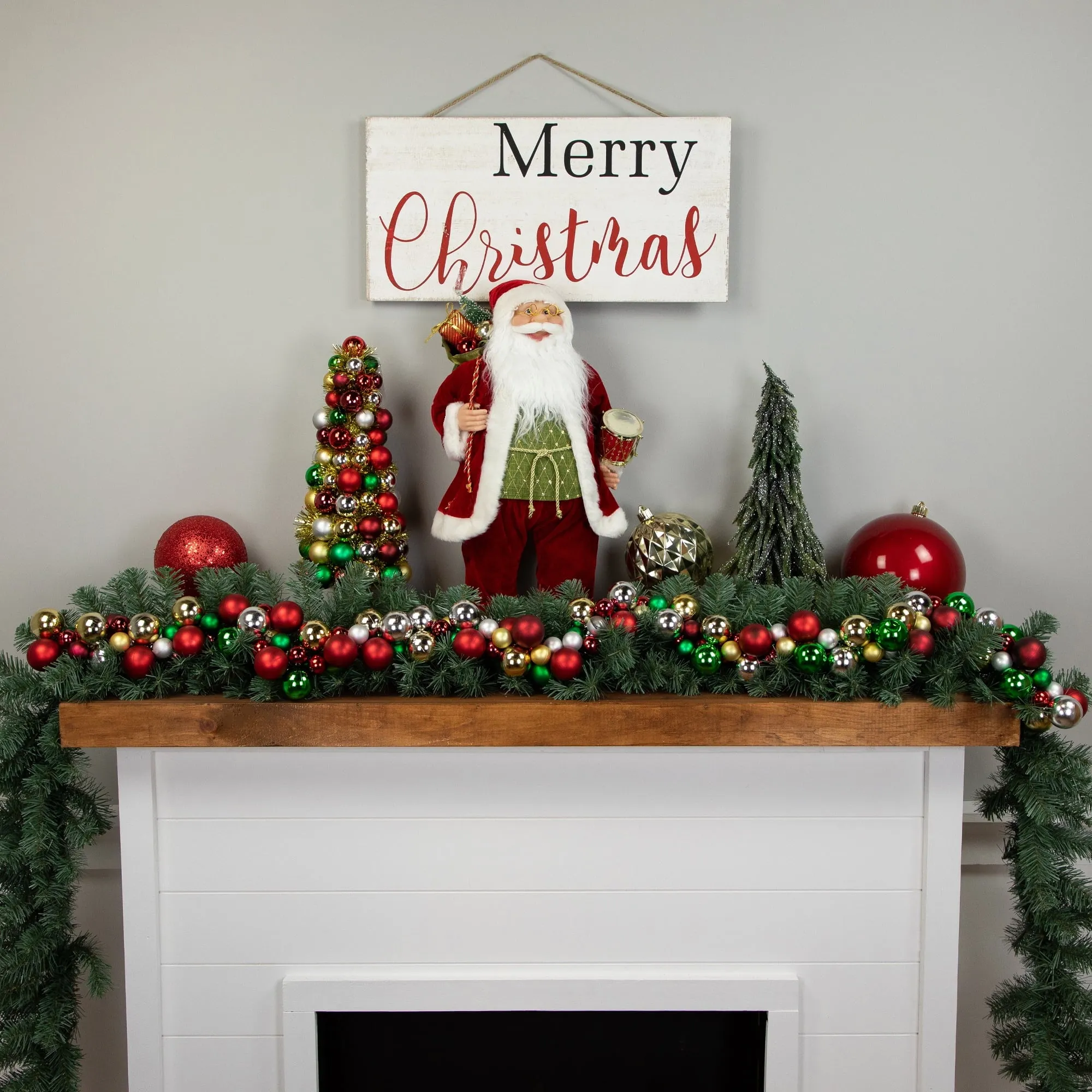 timeless 3-Finish Shatterproof Ball Christmas Garland - 6' x 3.5" - Silver - Unlit Red