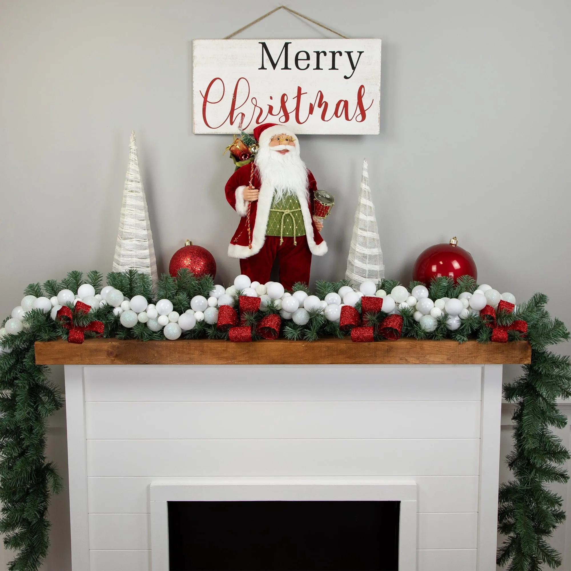 timeless 3-Finish Shatterproof Ball Christmas Garland - 6' x 4" - Red and White - Unlit White 6'