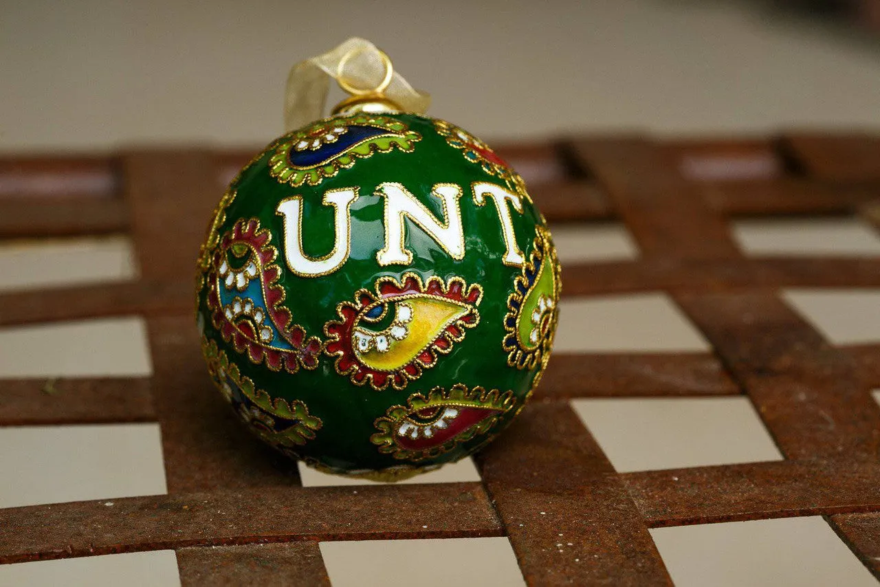 University of North Texas UNT Colorful Paisley Green Background Round Cloisonné Christmas Ornament