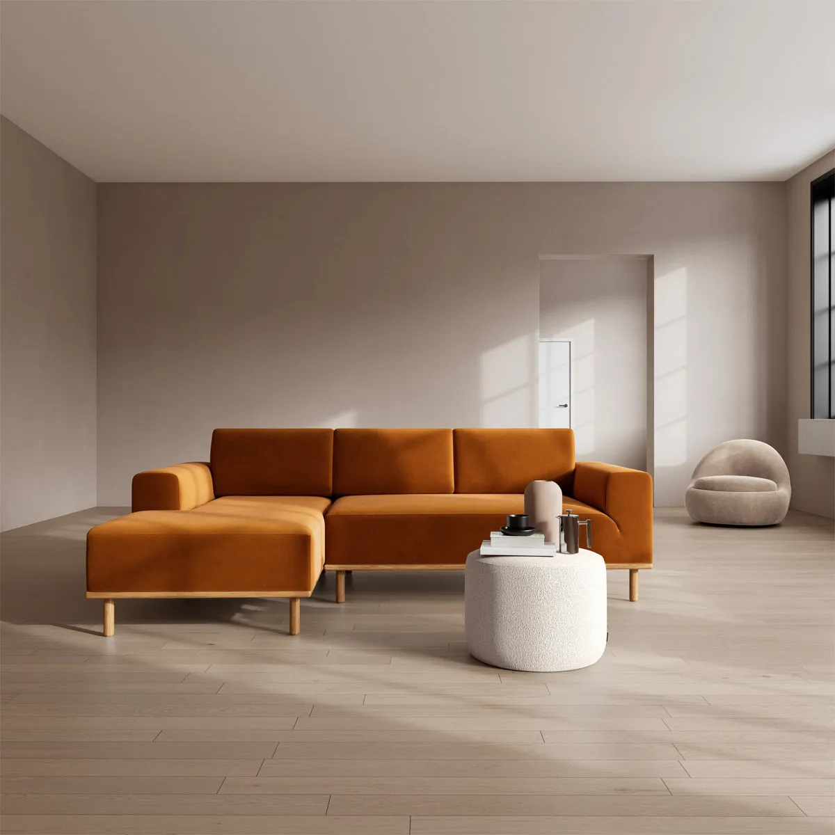 Vilmar Velvet Left Chaise Sofa (Oak, Matt Amber)